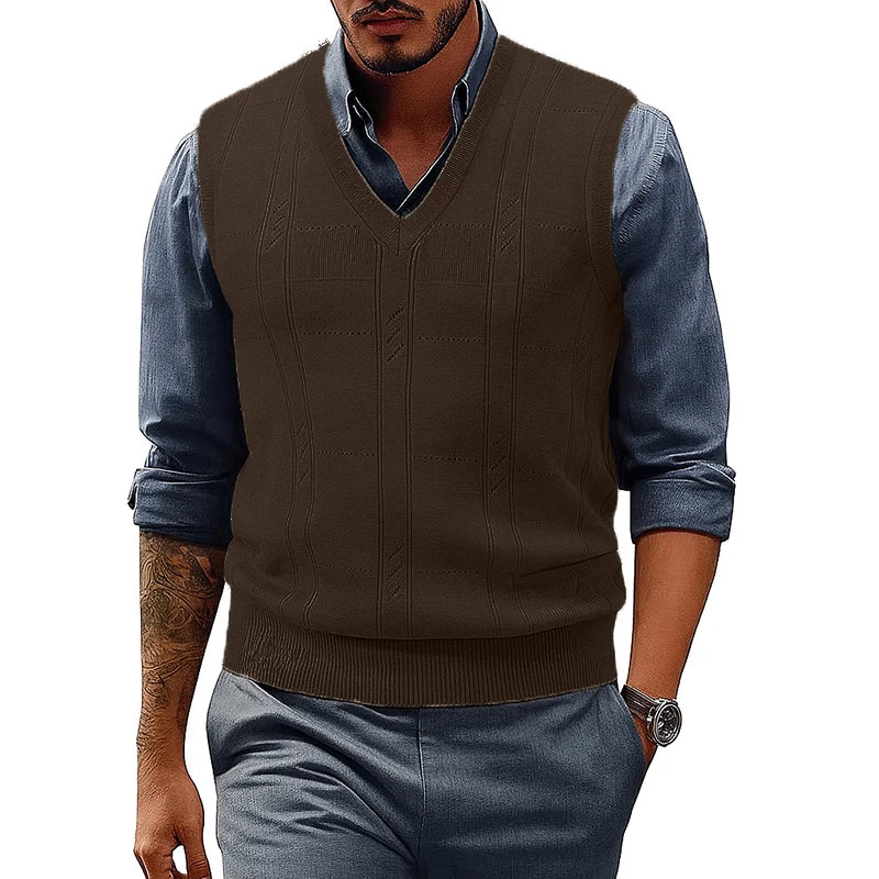 Men's brown V-neck cable-knit sweater vest layered over a blue oxford shirt - Ashcombe