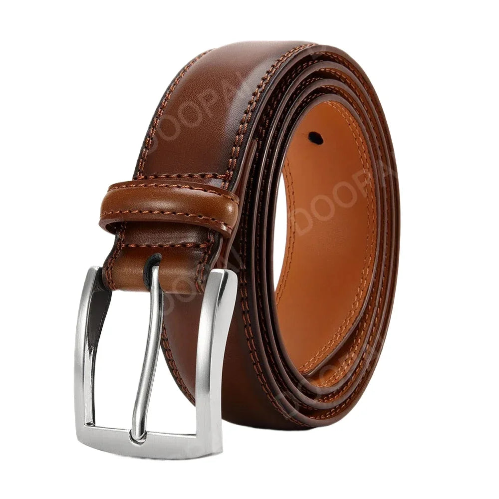 Men's brown stitched leather dress belt with silver buckle, coiled - Ashcombe