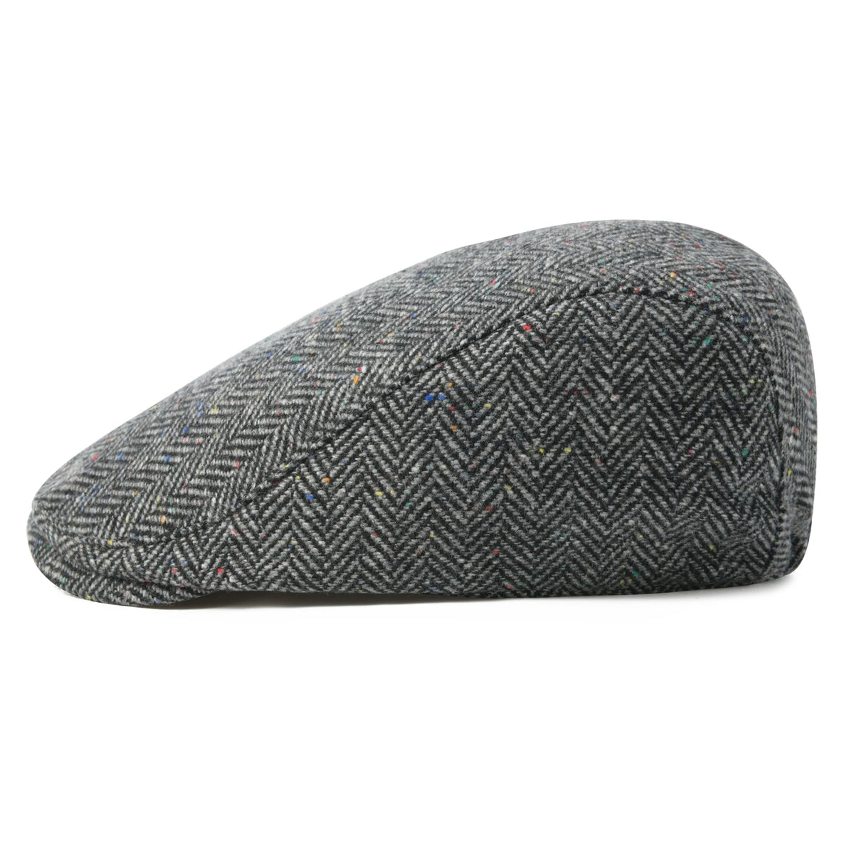 Men's grey herringbone flat cap, side view - Ashcombe