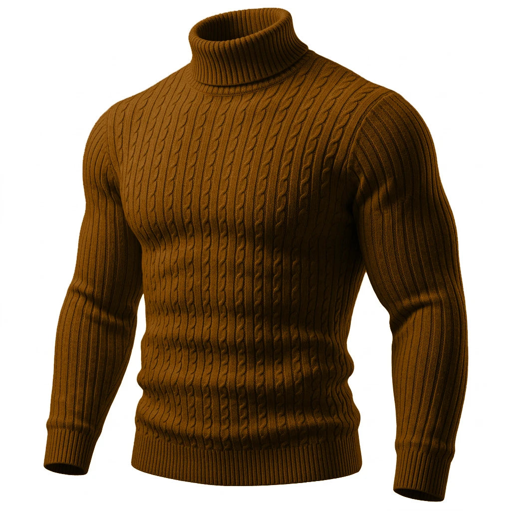 Men's brown cable-knit turtleneck sweater with ribbed cuffs - Ashcombe