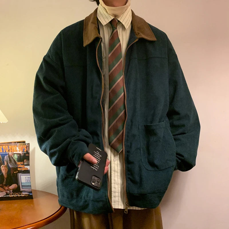 Men's dark green corduroy-collar field jacket styled with a striped tie and oxford shirt - Ashcombe