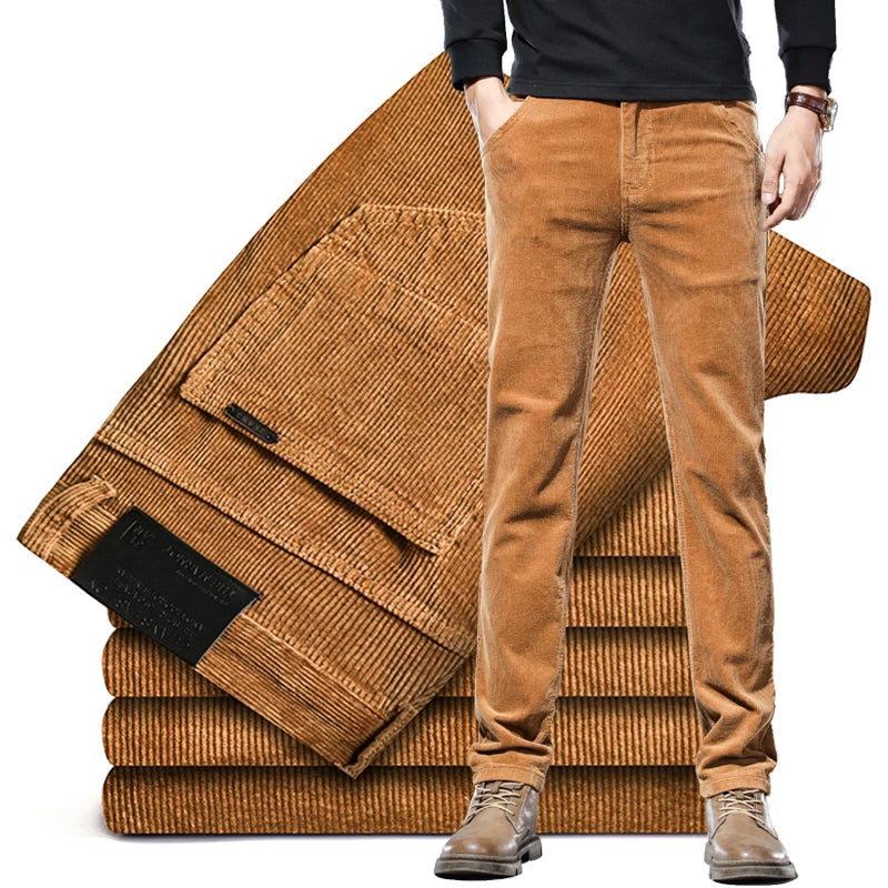 Men's camel straight-leg corduroy trousers, worn and folded - Ashcombe
