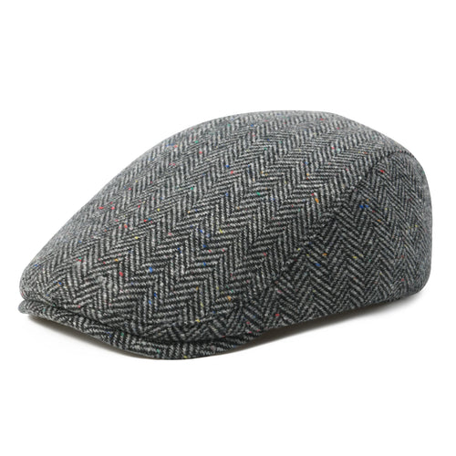 Grey herringbone wool flat cap for men, logo-free - Ashcombe